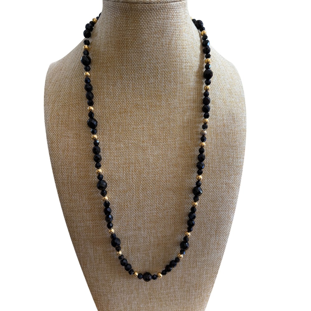 Vintage Faceted Black and Gold Tone Beaded Necklace Long Layering